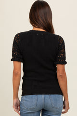 Black Open Knit Short Puff Sleeve Maternity Sweater Top