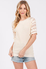 Cream Open Knit Short Puff Sleeve Sweater Top