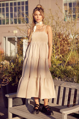 Beige Smocked Cut-Out Back Tiered Midi Dress