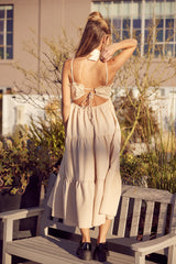 Beige Smocked Cut-Out Back Tiered Midi Dress