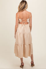 Beige Smocked Cut-Out Back Tiered Maternity Midi Dress