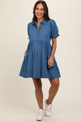 Blue Chambray Puff Sleeve Button Down Maternity Dress