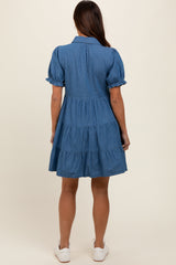 Blue Chambray Puff Sleeve Button Down Maternity Dress