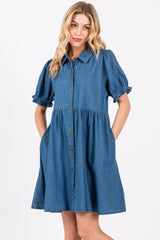 Blue Chambray Puff Sleeve Button Down Maternity Dress