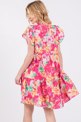 Fuchsia Floral Ruffle Tiered Dress