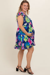 Navy Blue Floral Ruffle Accent Maternity Plus Dress