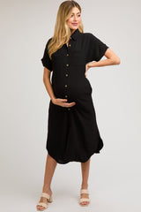 Black Button Down Front Pocket Maternity Midi Dress