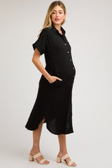 Black Button Down Front Pocket Maternity Midi Dress