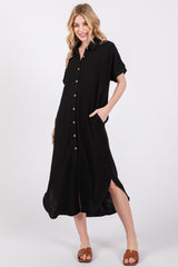 Black Button Down Front Pocket Midi Dress