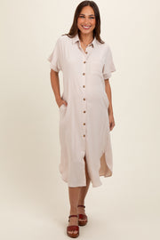 Beige Button Down Front Pocket Maternity Midi Dress