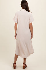 Beige Button Down Front Pocket Maternity Midi Dress