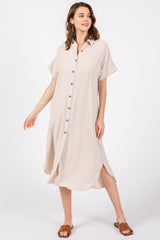 Beige Button Down Front Pocket Midi Dress