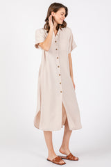 Beige Button Down Front Pocket Midi Dress