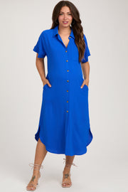 Royal Blue Button Down Front Pocket Maternity Midi Dress