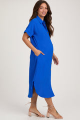 Royal Blue Button Down Front Pocket Maternity Midi Dress