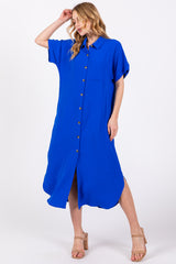 Royal Blue Button Down Front Pocket Midi Dress