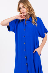 Royal Blue Button Down Front Pocket Midi Dress