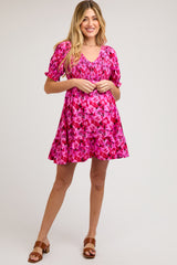 Fuchsia Floral Smocked V-Neck Ruffle Maternity Dress