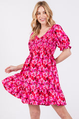 Fuchsia Floral Smocked V-Neck Ruffle Dress