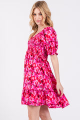 Fuchsia Floral Smocked V-Neck Ruffle Dress