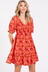 Orange Floral Smocked V-Neck Ruffle Maternity Dress