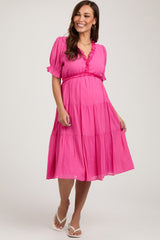 Fuchsia Ruffle Trim Tiered Maternity Dress