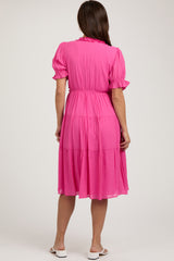 Fuchsia Ruffle Trim Tiered Maternity Dress