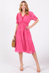 Fuchsia Ruffle Trim Tiered Maternity Dress