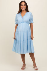 Light Blue Ruffle Trim Tiered Maternity Dress