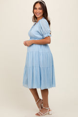 Light Blue Ruffle Trim Tiered Maternity Dress