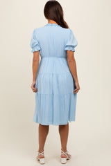 Light Blue Ruffle Trim Tiered Maternity Dress