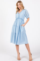 Light Blue Ruffle Trim Tiered Maternity Dress