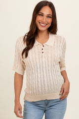 Beige Knit Button Collared Maternity Top