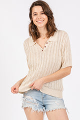 Beige Knit Button Collared Maternity Top