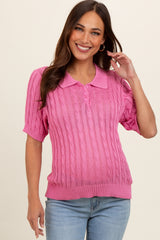 Pink Knit Button Collared Maternity Top