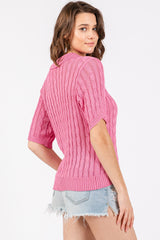 Pink Knit Button Collared Top