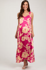 Fuchsia Floral Ruched Strap V-Neck Maternity Midi Dress