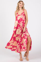 Fuchsia Floral Ruched Strap V-Neck Maternity Midi Dress