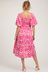 Fuchsia Square Neck Smocked Ruffle Maternity Midi Dress