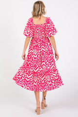 Fuchsia Square Neck Smocked Ruffle Midi Dress