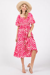 Fuchsia Square Neck Smocked Ruffle Maternity Midi Dress