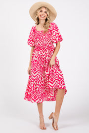 Fuchsia Square Neck Smocked Ruffle Midi Dress