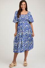 Royal Blue Square Neck Smocked Ruffle Maternity Midi Dress