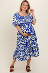 Royal Printed Smocked Puff Sleeve Plus Maternity Midi Dress