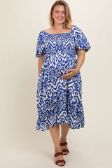 Royal Printed Smocked Puff Sleeve Plus Maternity Midi Dress