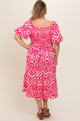 Fuchsia Printed Smocked Puff Sleeve Plus Maternity Midi Dress