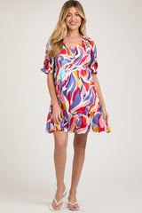 Coral Abstract Print Smocked Maternity Dress