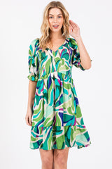 Emerald Green Abstract Print Smocked Dress