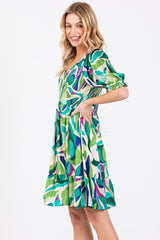 Emerald Green Abstract Print Smocked Dress