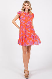 Red Orange Floral Tiered Mini Dress